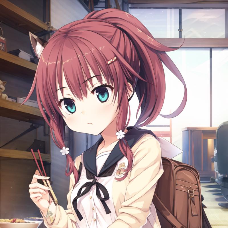 01249-2577374614-1girl,school uniform,skirt,red hair,hair ornament,bento,plaid,ponytail,bag,plaid skirt,food,school bag,solo,fox tail,aqua eyes,f.png